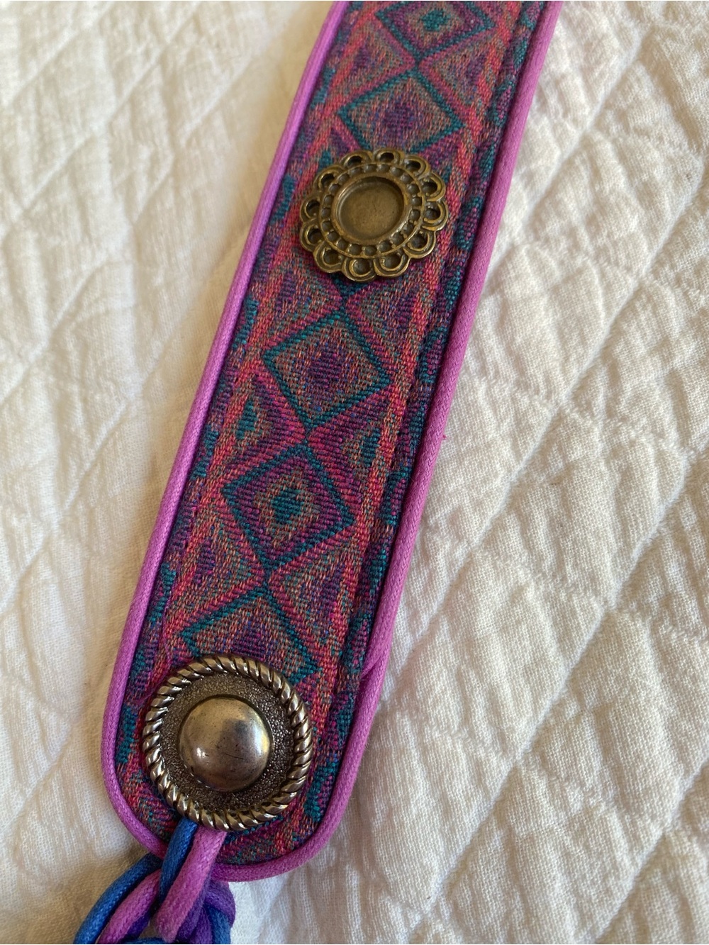Boho Concho Purple Blue Woven Tapestry Belt Tassels Bead VTG Festival Western M - Picture 14 of 16